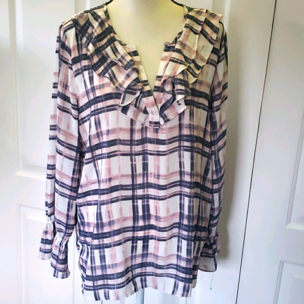 LOFT Pink and Navy Plaid Ruffle V-Neck Blouse